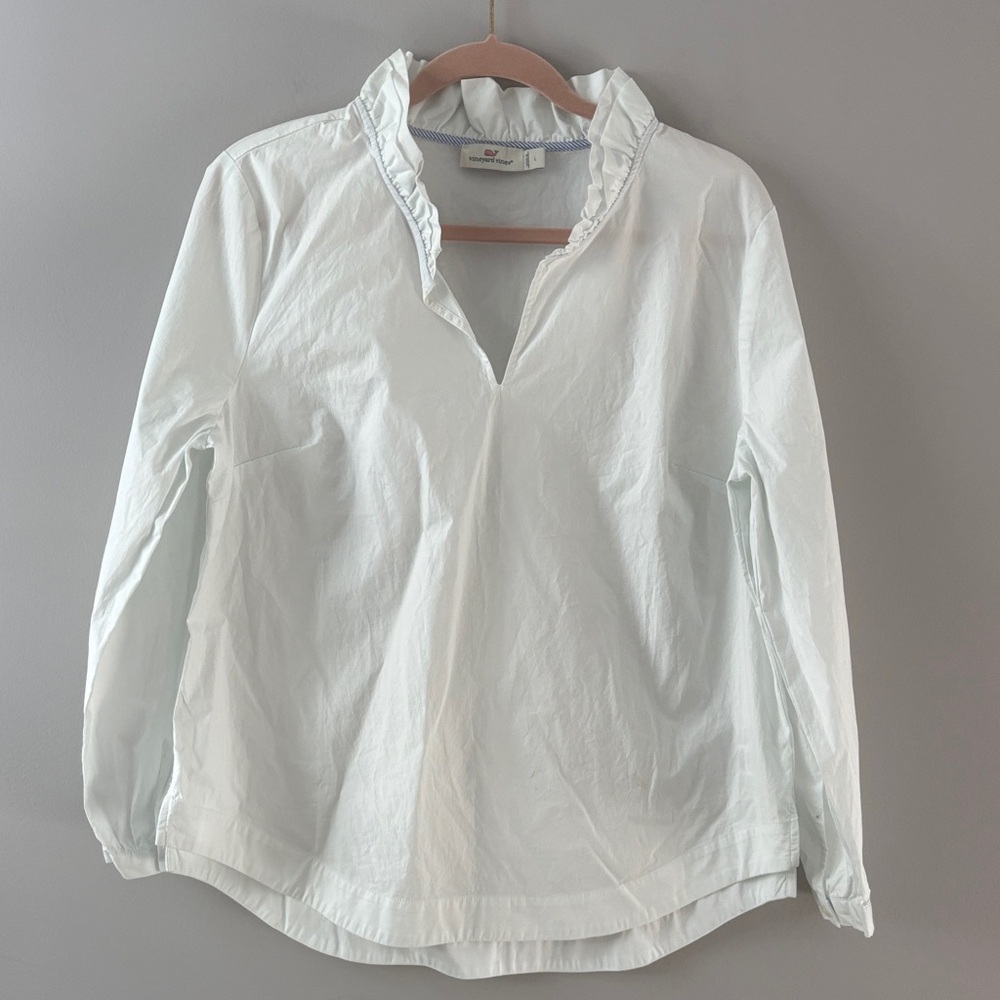 Vineyard Vines White Ruffle Neck Blouse